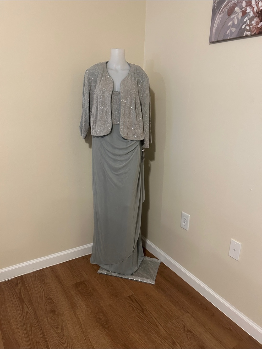 David's Bridal Silver Beaded Jacket and Slate Gray Evening Dress